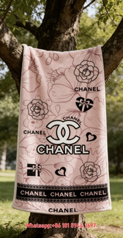 Romantic Blush Pink Camellia Chanel Double C Logo Flannel Sofa Throw Blanket IMG_6987
